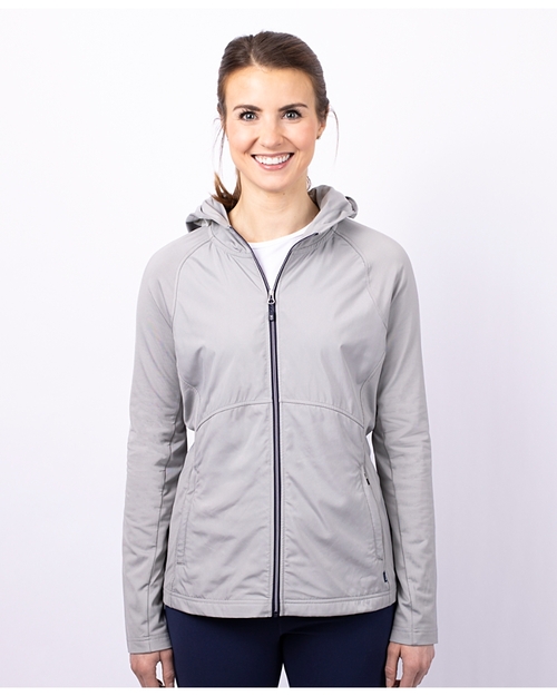 Woman Wearing Cutter & Buck Adapt Eco Knit Hybrid Recycled Full Zip Jacket
