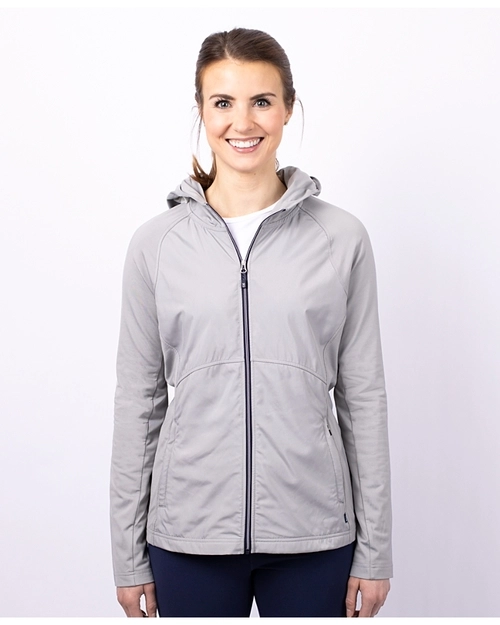 Woman Wearing Cutter & Buck Adapt Eco Knit Hybrid Recycled Full Zip Jacket