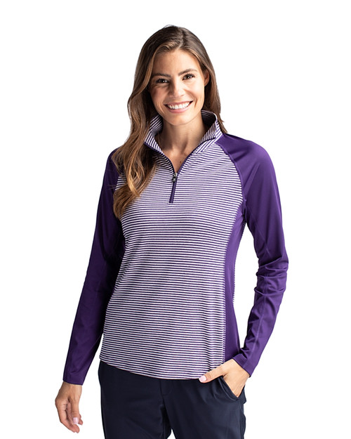 Woman wearing Cutter & Buck Forge Tonal Stripe Stretch Half Zip Womens Top