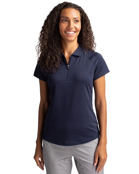 Woman wearing Cutter & Buck Forge Stretch Womens Short Sleeve Polo in Liberty Navy