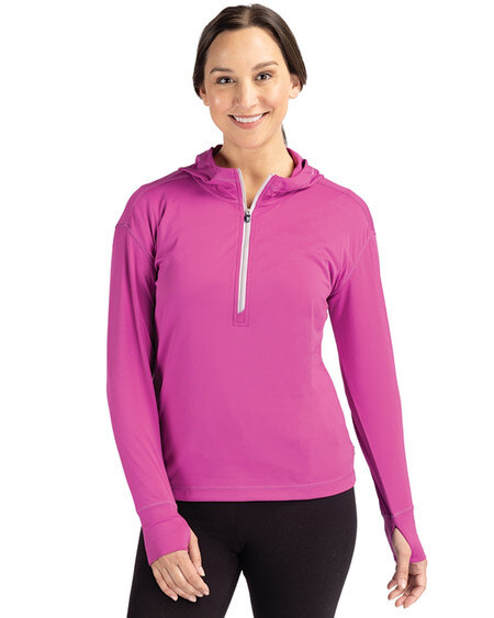 Woman wearing Cutter & Buck Daybreak Eco Recycled Womens Half Zip Hoodie in Gelato/Magenta