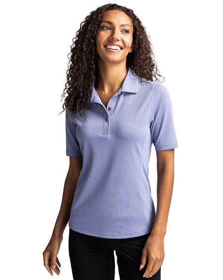 Woman wearing Cutter & Buck Virtue Eco Pique Recycled Womens Polo in Hyacinth/light blue-purple