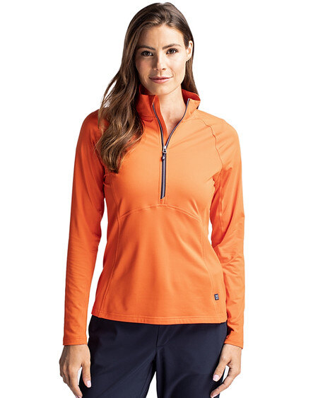 Woman wearing Cutter & Buck Adapt Eco Knit Stretch Recycled Womens Half Zip Pullover in College orange