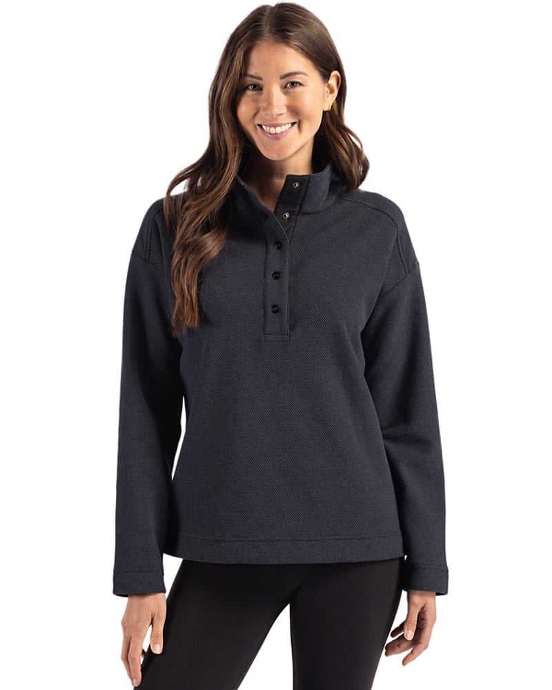 Woman wearing Cutter & Buck Hunts Point Eco Textured Fleece Recycled Womens Snap Pullover in Black