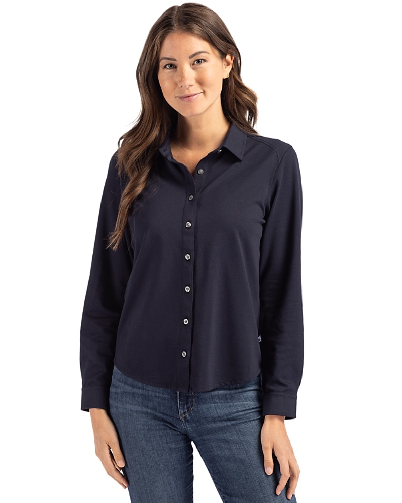 Woman wearing Cutter & Buck Advantage Tri-Blend Eco Soft Pique Long Sleeve Knitted 91վs Button Down in Black
