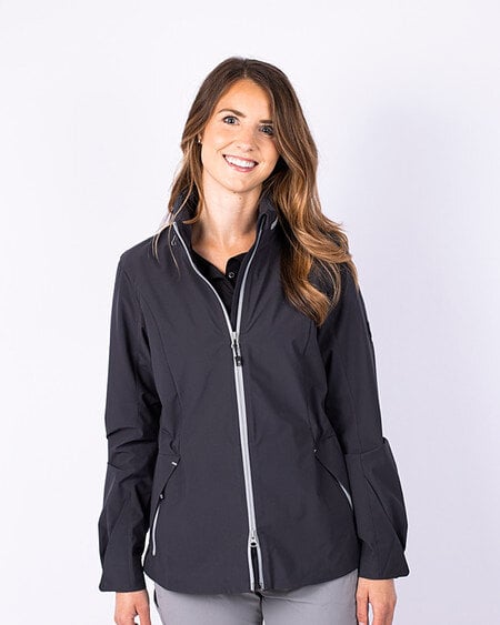 Woman wearing Cutter & Buck Vapor Water Repellent Stretch Womens Full Zip Rain Jacket in Obsidian or Black
