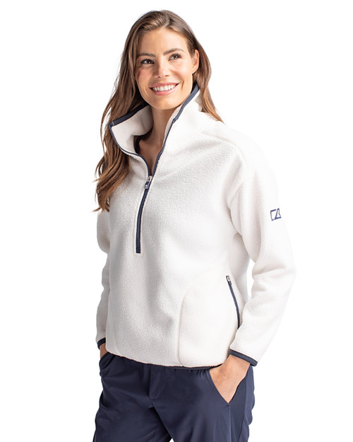 Woman wearing Cutter & Buck Cascade Eco Sherpa Womens Fleece Pullover Jacket