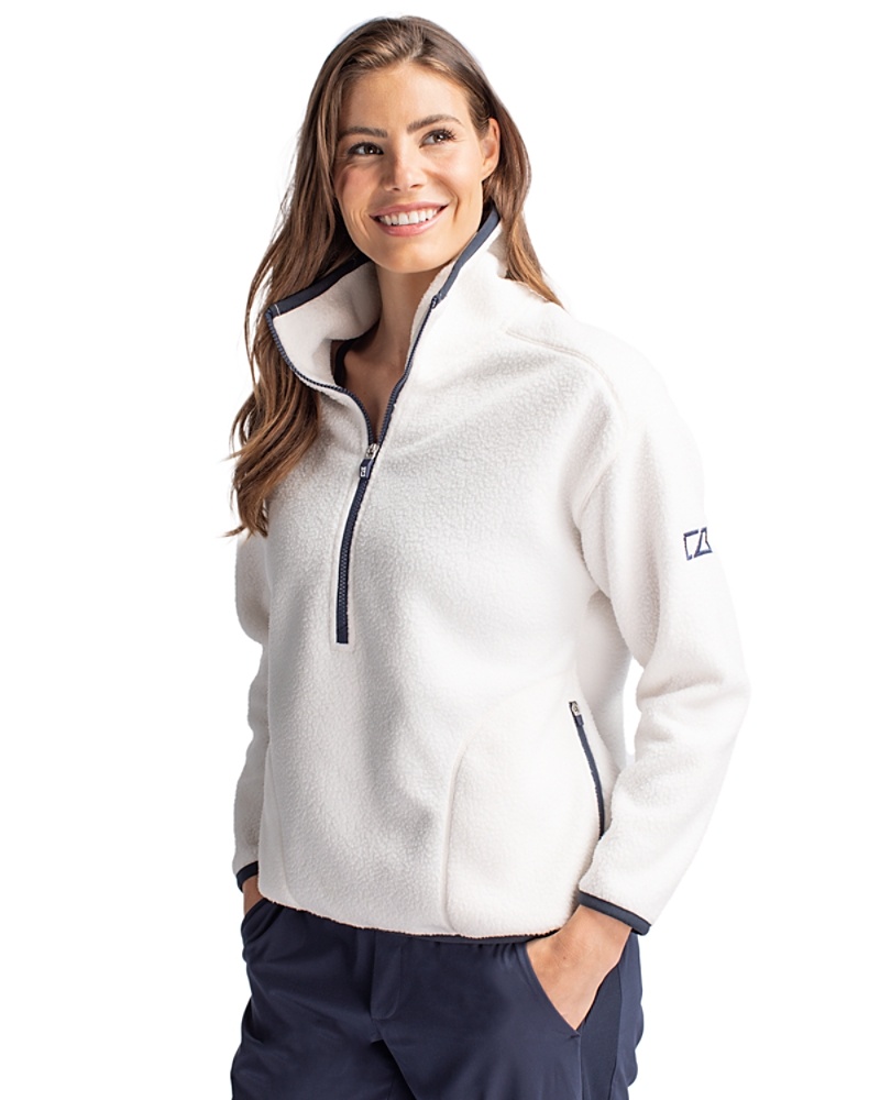 Woman wearing Cutter & Buck Cascade Eco Fleece Womens Pullover Jacket in Shell/Navy Blue or cream/navy blue
