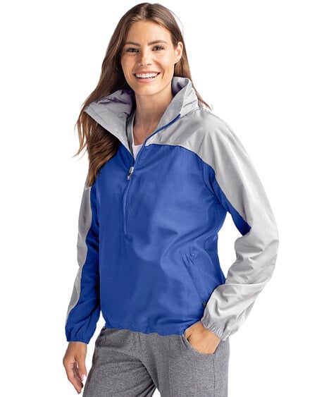 Woman wearing Cutter & Buck Charter Eco Recycled Womens Anorak Jacket in Tour Blue/Polished or Blue/Grey