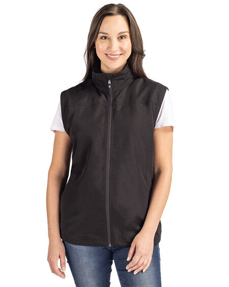 Woman wearing Cutter & Buck Charter Eco Recycled Full-Zip Womens Vest in Black