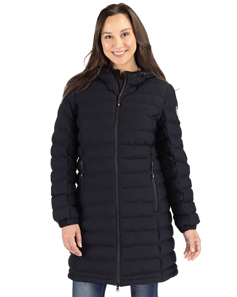 Woman wearing Cutter & Buck Mission Ridge Repreve Eco Insulated Womens Long Puffer Jacket in Black