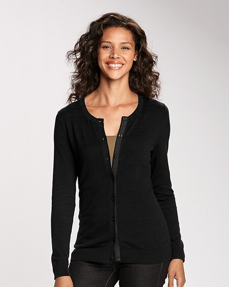 Woman wearing Cutter & Buck Womens Lakemont Cardigan Sweater in black