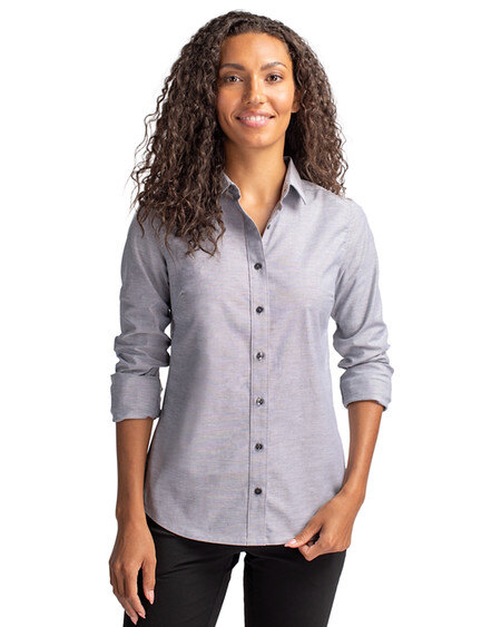 Woman wearing Cutter & Buck Stretch Oxford Womens Long Sleeve Dress Shirt in Light blue