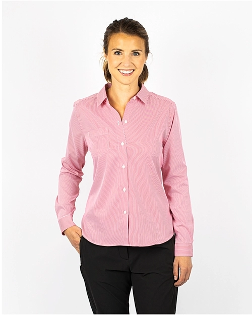 Woman Wearing Cutter & Buck Versatech Long Sleeve Dress Shirt