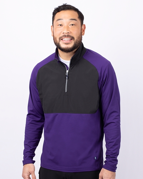 Man Wearing Purple Cutter & Buck Adapt Eco Knit Hybrid Recycled Quarter Zip