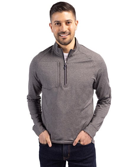 Man wearing Cutter & Buck Adapt Eco Knit Heather Mens Big & Tall Quarter Zip Pullover in Black Heather