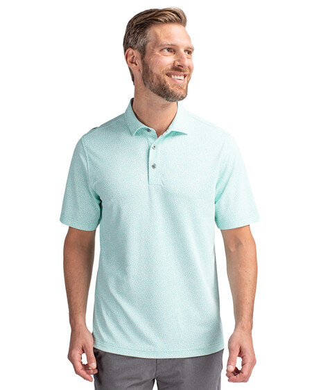 Man wearing Cutter & Buck Virtue Eco Pique Botanical Print Recycled Mens Polo in Mint