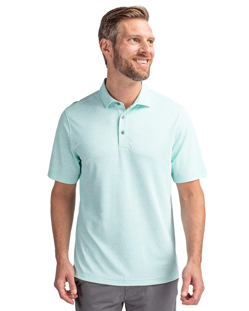 Man wearing Cutter & Buck Virtue Eco Pique Botanical Print Recycled Mens Polo in Fresh Mint
