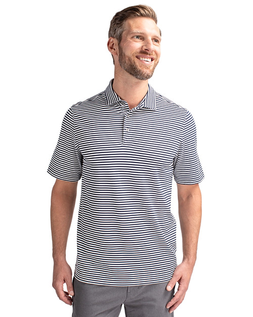 Man wearing a Polished Gray Cutter & Buck Virtue Eco Pique Stripe Recycled Mens Polo
