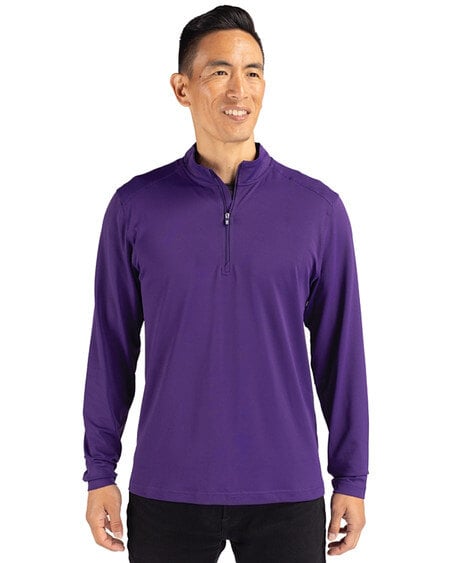 Man wearing Cutter & Buck Virtue Eco Pique Recycled Quarter Zip Mens Big & Tall Pullover in Purple