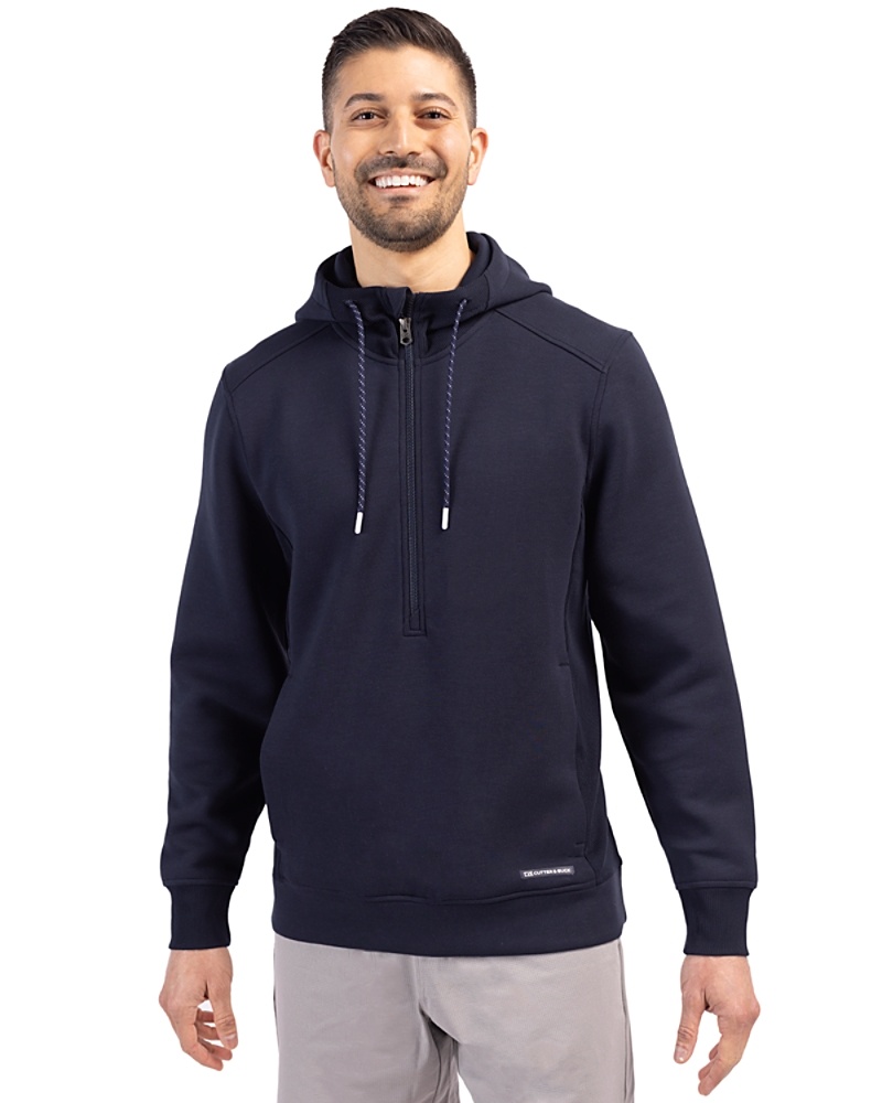 Man wearing Cutter & Buck Roam Eco Half Zip Recycled Mens Hooded Pullover in Navy Blue