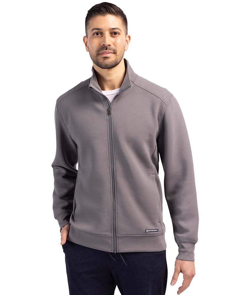 Man wearing Cutter & Buck Roam Eco Recycled Full Zip Mens Jacket in Elemental Grey