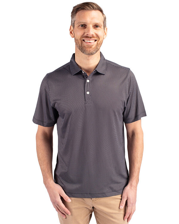Man wearing Cutter & Buck Pike Eco Symmetry Print Stretch Recycled Men’s Polo in Black/White