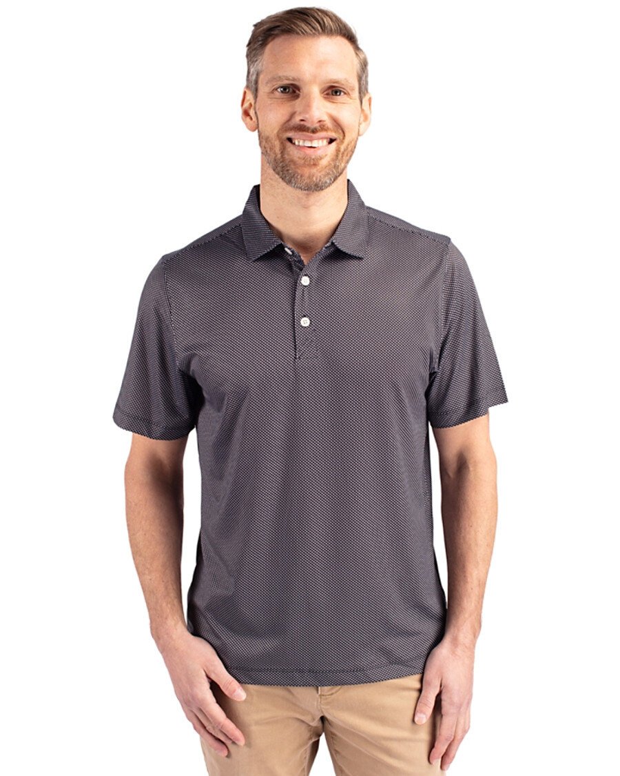Man wearing Cutter & Buck Pike Eco Symmetry Print Stretch Recycled Mens Big & Tall Polo in Black and White