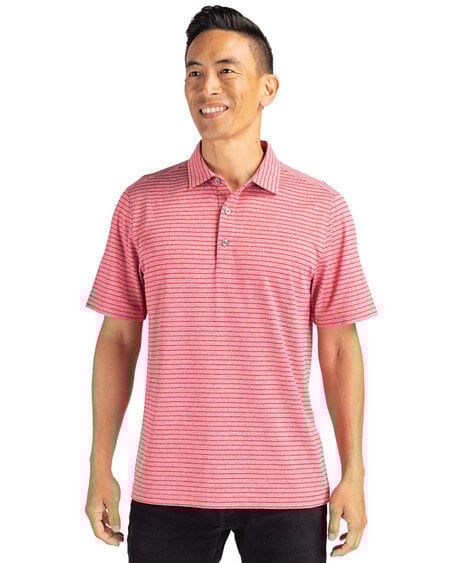 Man wearing Cutter & Buck Forge Eco Heather Stripe Stretch Recycled Mens Big & Tall Polo in Cardinal Red Heather