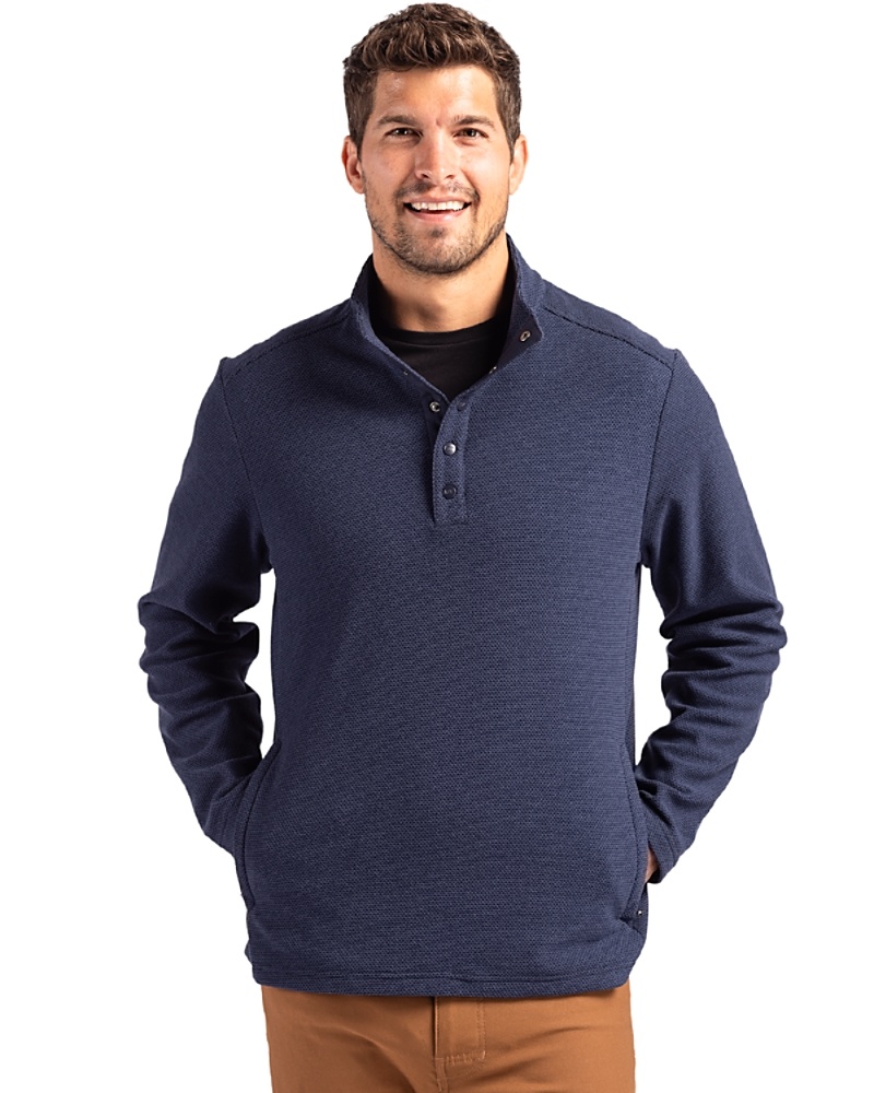 Man wearing Cutter & Buck Hunts Point Eco Textured Fleece Recycled Mens Snap Pullover in Navy Blue