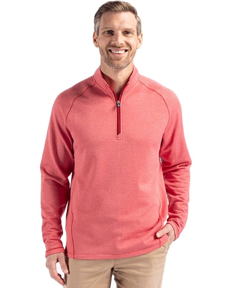 Man wearing Cutter & Buck Peshastin Eco Fleece Recycled Mens Half Zip Pullover in Red Heather