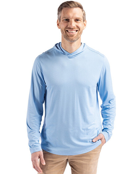 Man wearing Cutter & Buck Coastline Epic Comfort Eco Recycled Mens Hooded Shirt in Atlas or light blue