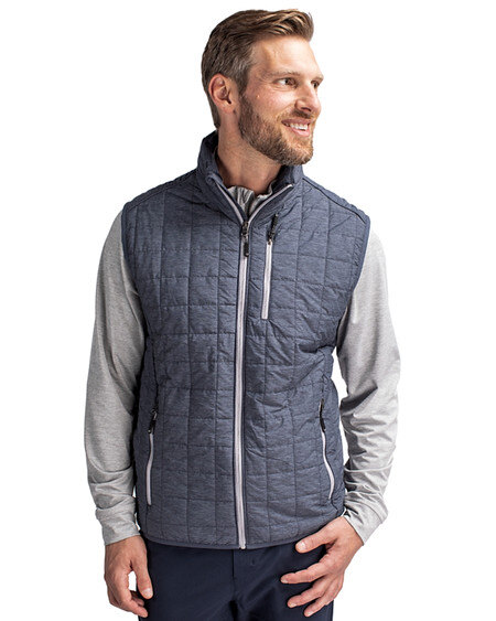 Man wearing Cutter & Buck Rainier PrimaLoft® Mens Eco Insulated Full Zip Puffer Vest in Anthracite Melange or grayish blue