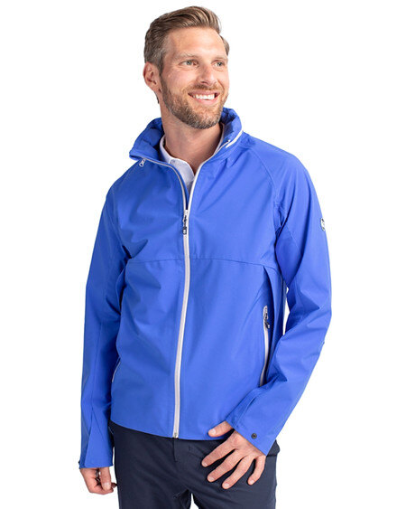Man wearing Cutter & Buck Vapor Water Repellent Stretch Full Zip Rain Jacket in Chelan or Blue