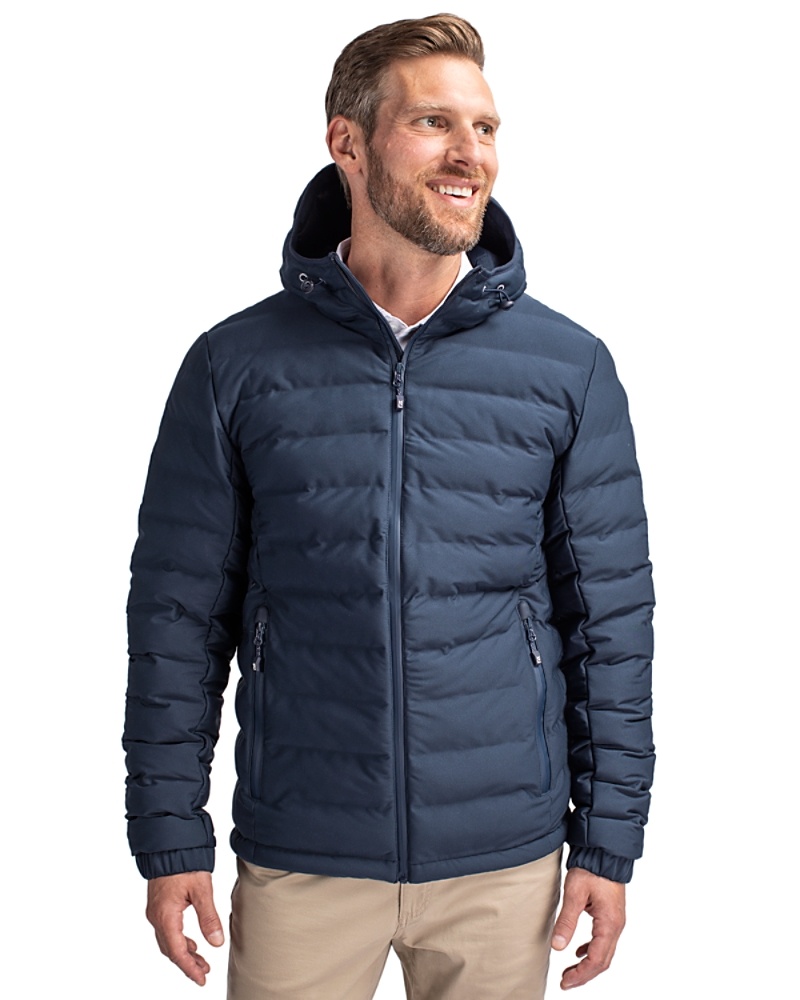 Man wearing Cutter & Buck Mission Ridge Repreve® Eco Insulated Mens Puffer Jacket in Navy Blue