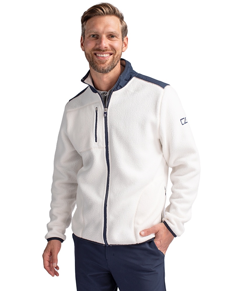 Man wearing Cutter & Buck Cascade Eco Sherpa Mens Big & Tall Fleece Jacket in Shell/Navy Blue or white/navy blue
