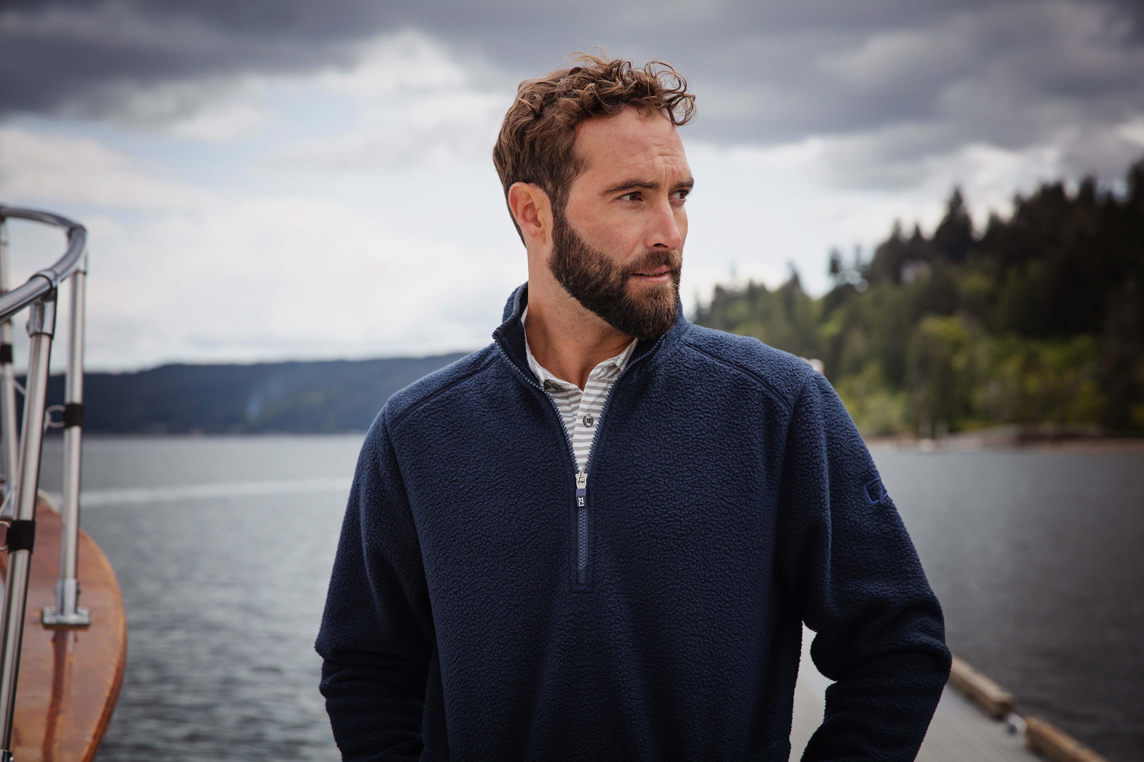 Man on a dock wearing Cutter & Buck Cascade Eco Sherpa Fleece Mens Big & Tall Quarter Zip Jacket