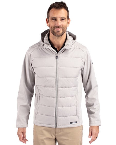 Man wearing Cutter & Buck Evoke Hybrid Eco Softshell Recycled Full Zip Mens Hooded Jacket in Concrete or Light Grey