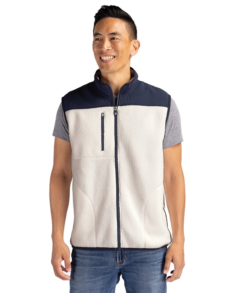 Man wearing Cutter & Buck Cascade Eco Fleece Mens Vest in Shell/Navy Blue or cream/navy blue