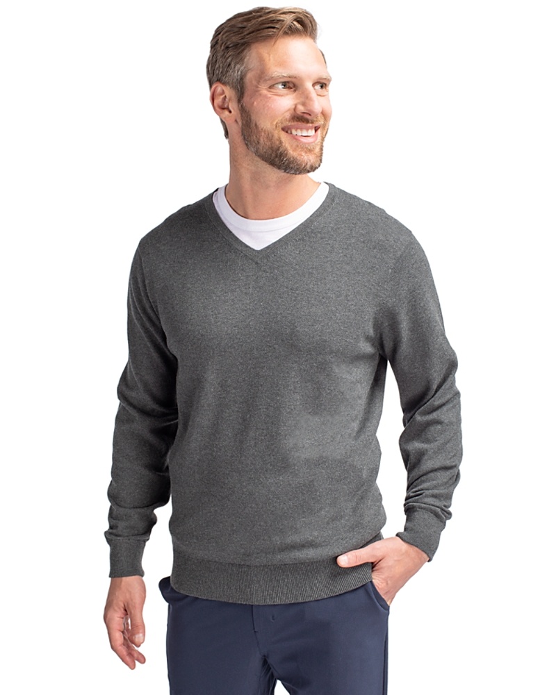 Man wearing Cutter & Buck Lakemont Tri-Blend Mens V-Neck Pullover Sweater in Charcoal heather