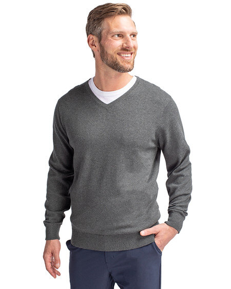 Man wearing Cutter & Buck Lakemont Tri-Blend Mens Big and Tall V-Neck Pullover Sweater in Charcoal Heather or dark gray