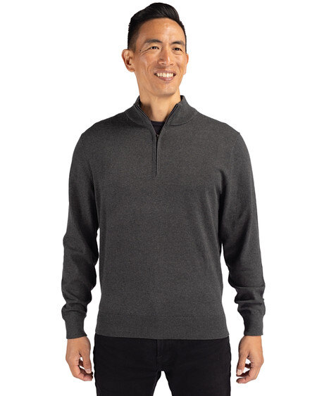 Man wearing Cutter & Buck Lakemont Tri-Blend Mens Quarter Zip Pullover Sweater in Charcoal Heather or dark gray