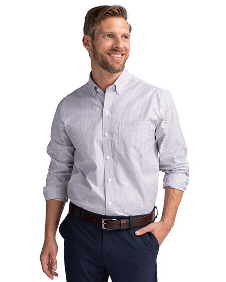 Man wearing Cutter & Buck Stretch Oxford Stripe Mens Big and Tall Long Sleeve Dress Shirt in Light Blue