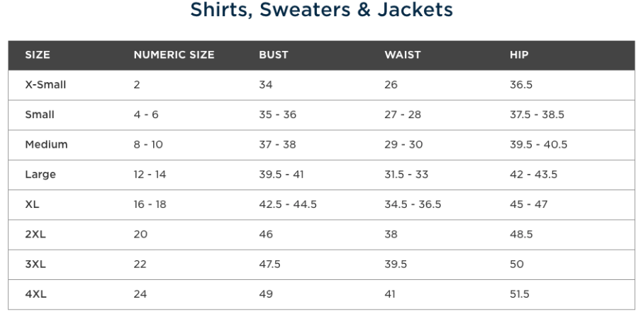 Women's Cutter and Buck Tops Size Chart