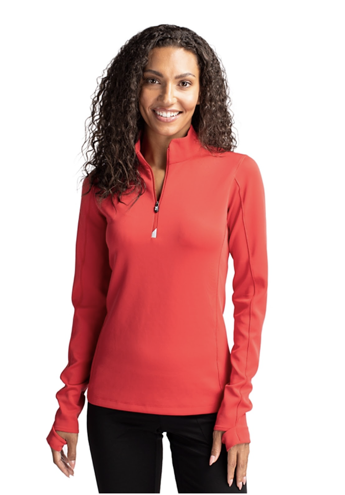 Woman wearing Cutter & Buck Traverse Stretch Quarter Zip Womens Pullover