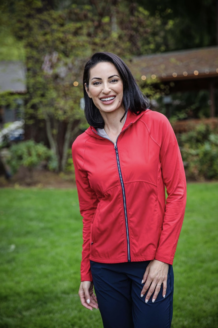 Woman outside wearing women's recycled jacket