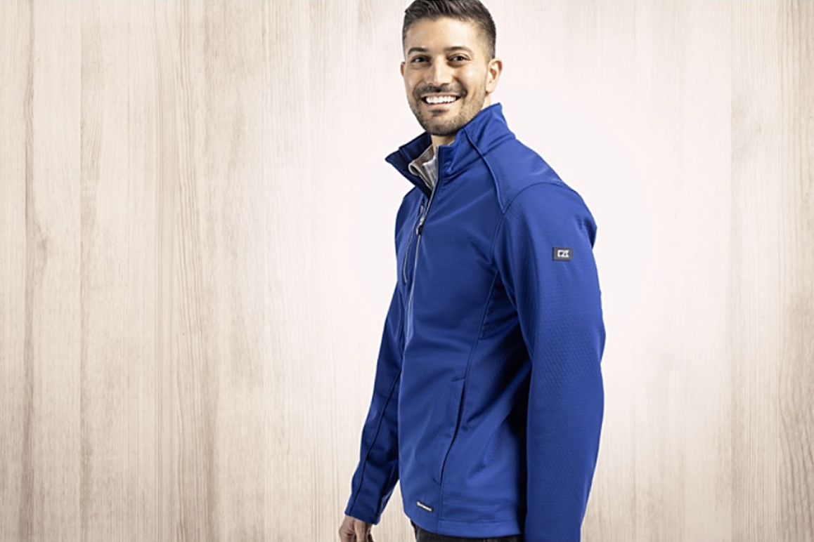 man wearing evoke men's softshell jacket