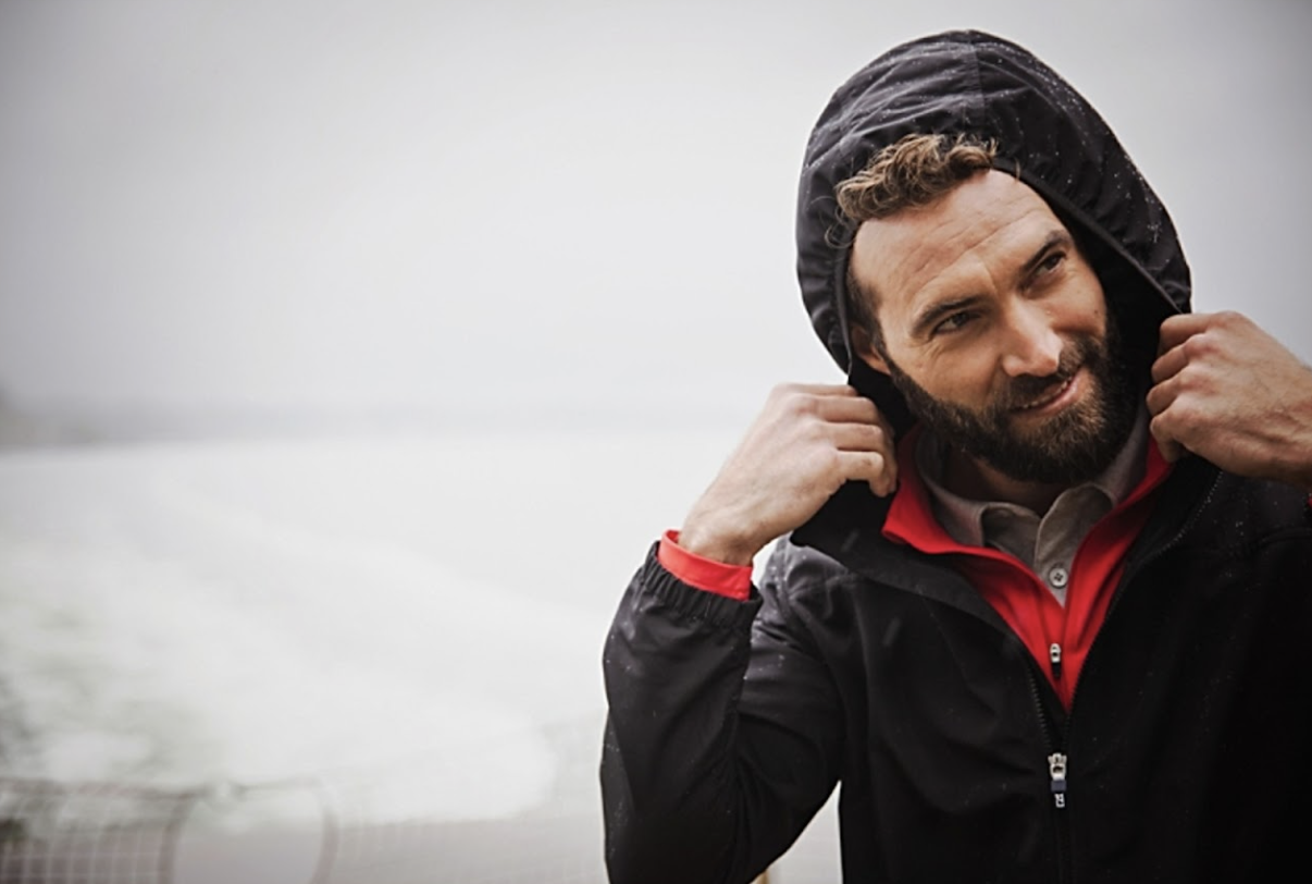 man on a boat in the rain wearing water resistant jacket