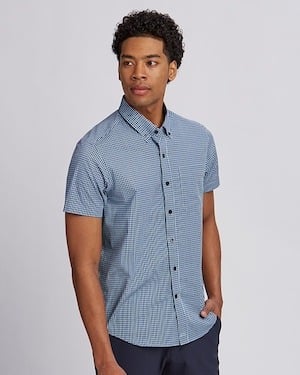 Man wearing Blue Cutter & Buck Anchor Short-Sleeve Mens Gingham Shirt