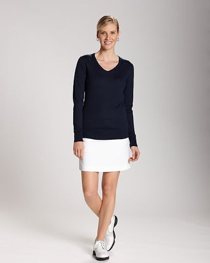 Woman wearing a black Douglas V-Neck Women's Sweater